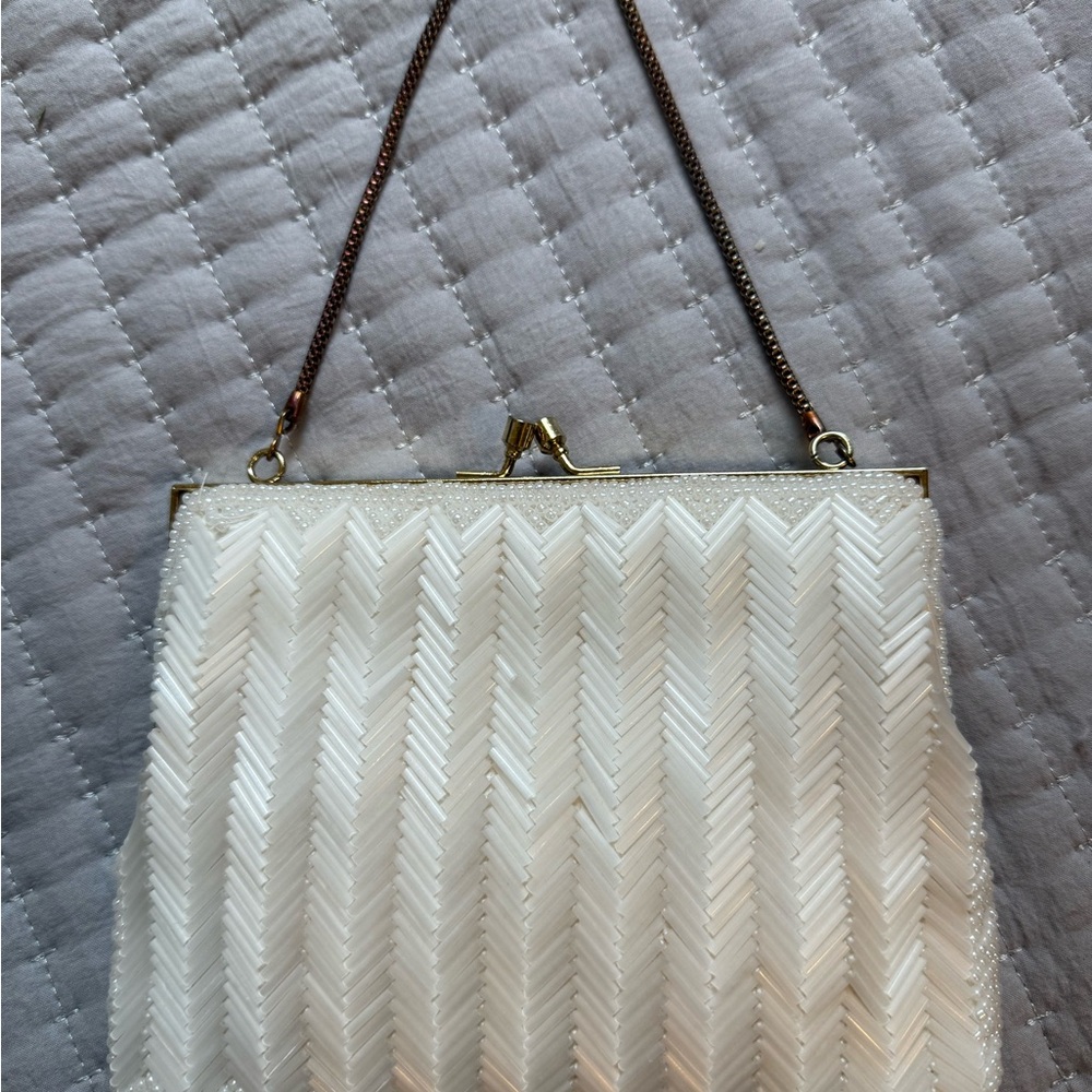 Charisma White Chevron Clutch with Beaded Elegance